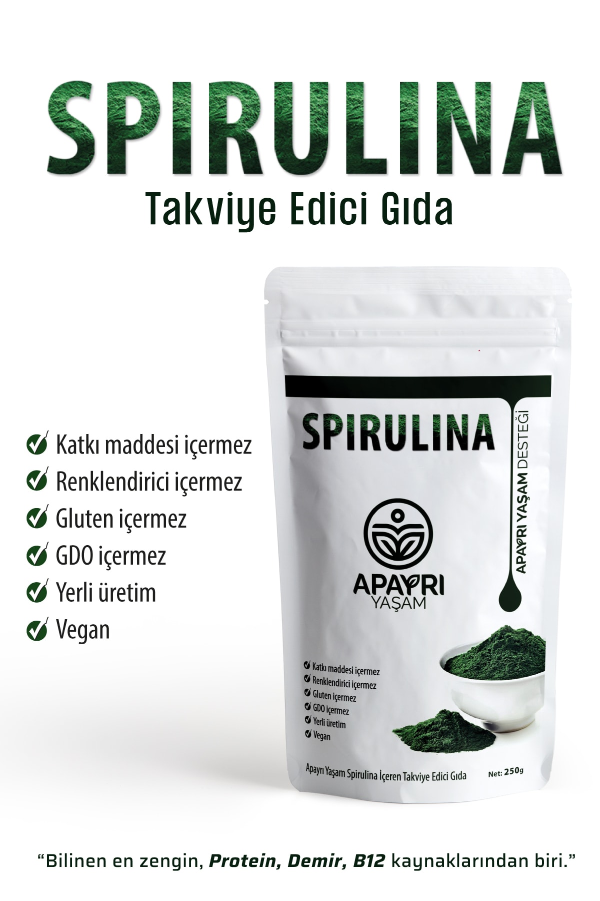 ApAyrı Yaşam Spirulina Takviye Edici Gıda Toz 250gr PG7351