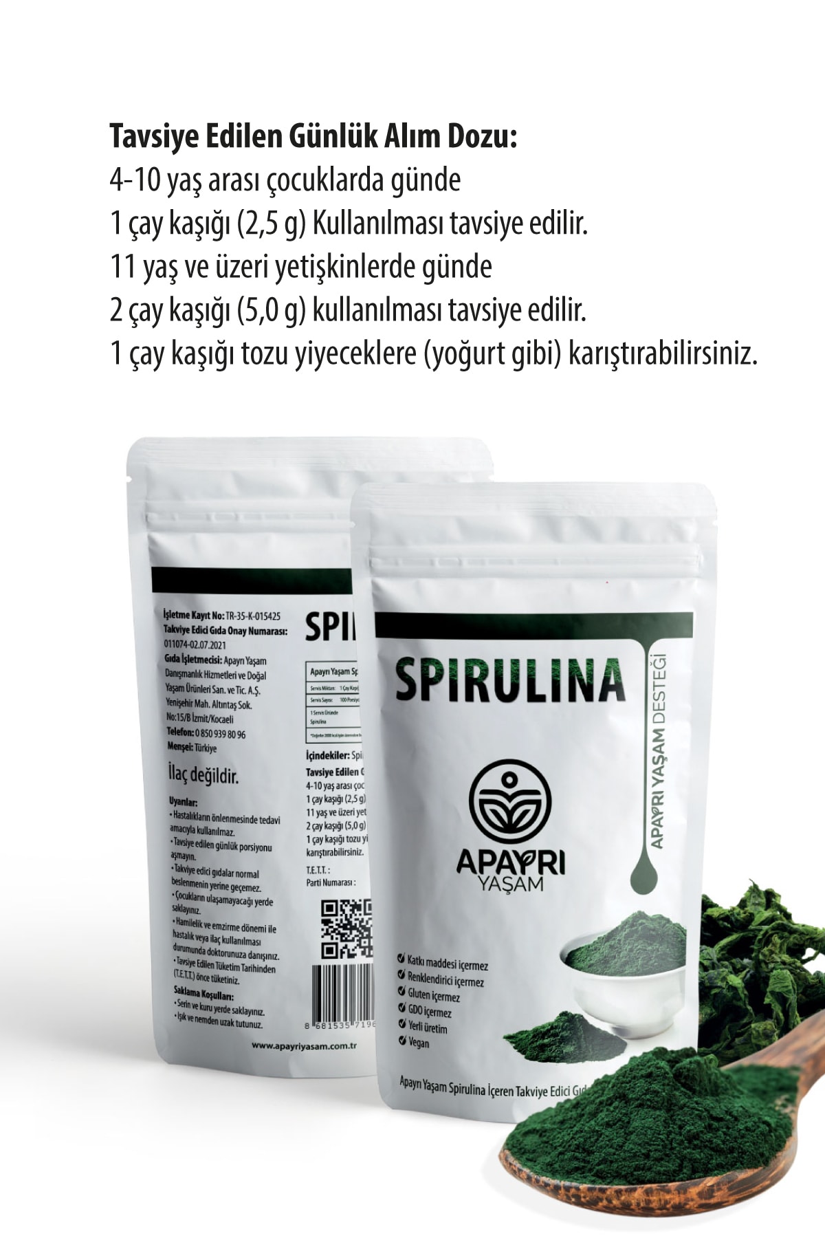 ApAyrı Yaşam Spirulina Takviye Edici Gıda Toz 250gr PG7351