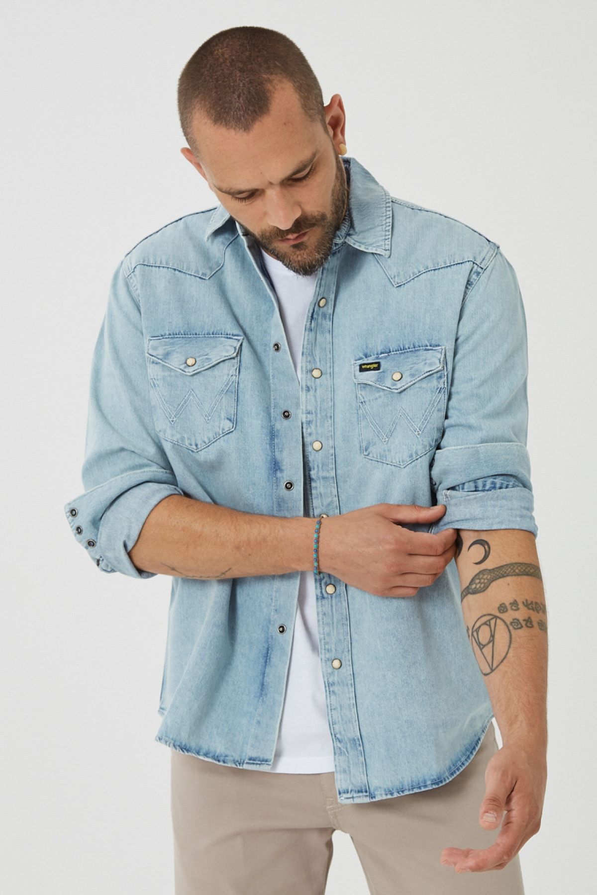 پیراهن / بلوز دکمه دار آبی مردانه بازوی بلند و باریک Wrangler