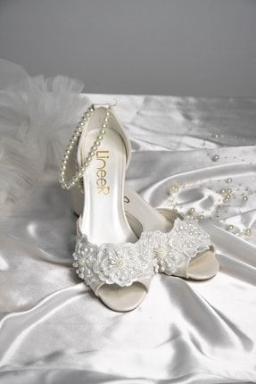 Kadın Sedef Beyaz Renk Dantelli Rahat 5 Cm Kalın Topuklu Abiye Gelin Ayakkabısı LNR40AD
