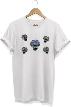 Beyaz Unisex Cool Maymun Monkey Baskılı Kısa Kollu T-shirt TB0BT059