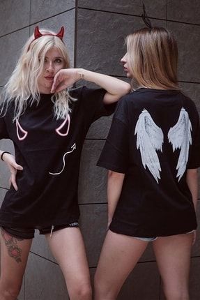 Kadın Siyah Şeytan Melek T-shirt tişort-şeytan-melek
