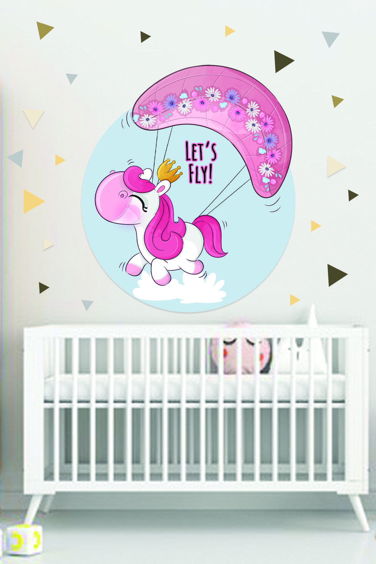 Üçgenler Ve Paraşütlü Unicorn Çocuk Odası Duvar Sticker 95x50 Cm