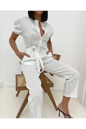 Kadın Beyaz Hakim Yaka Gofre Kumaş Cepli Kuşaklı Yazlık Elbise Ön Düğmeli Tulum Elbise 21-S101027Tulum