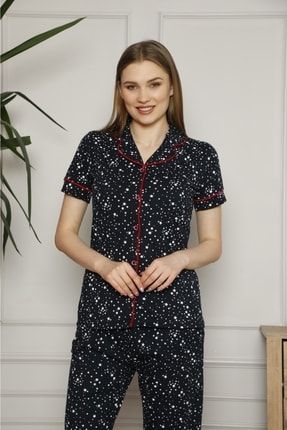 Kısa Kollu Gömlek Yaka Önden Düğmeli Kadın Pijama Takımı 2236KY
