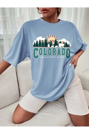 Oversize Colorado A Beautiful Place Baskılı Mavi Tshirt mdl-newseason-s11