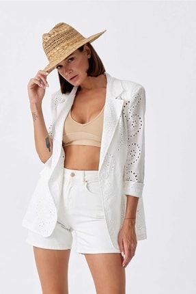 Fisto Işlemeli Blazer Beyaz Kadın Ceket TB10919