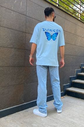 Danger Butterfly Baskılı Mavi Oversize Tişört P-032