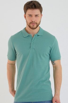 Su Yeşili Erkek Polo Yaka Düz Renk Slim Fit T-shirt P7025