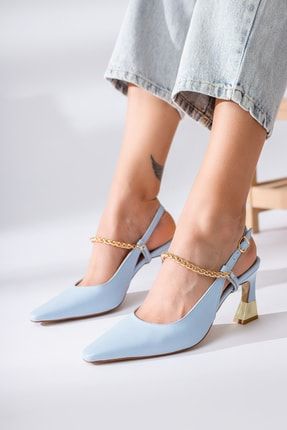 Sapphire Mavi Sivri Burunlu Zincir Detaylı Topuklu Ayakkabı 22RD5230