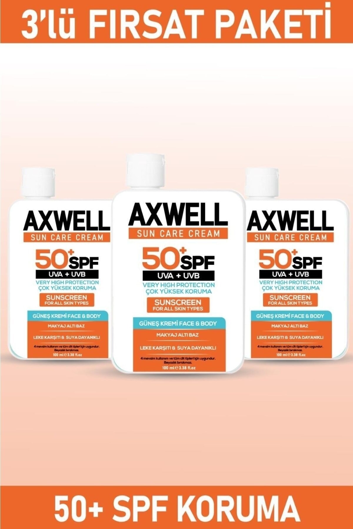 AXWELL Spf 50+ 3lü Fırsat Seti Leke Karşıtı Nemlendirici Yüksek Koruma Güneş Kremi 100 ml