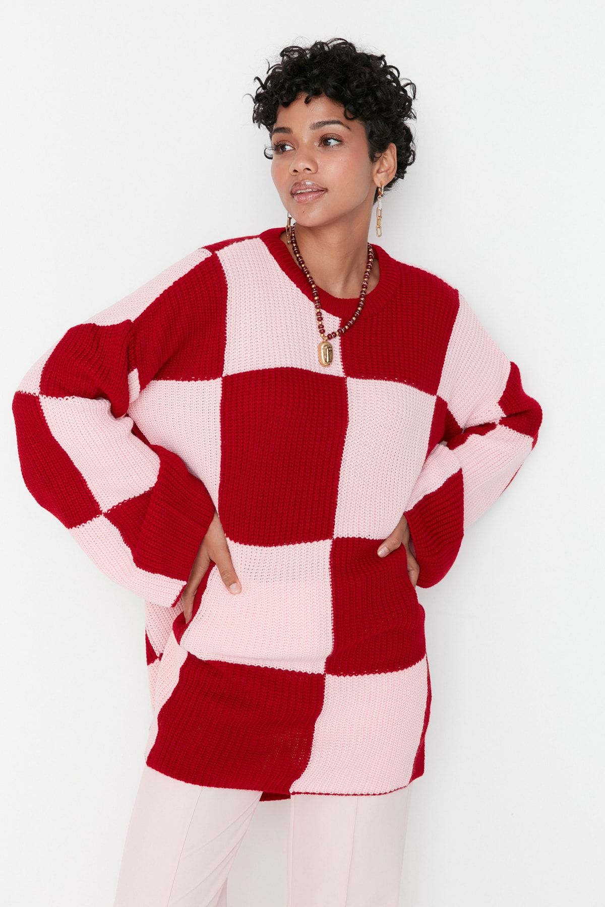 Trendyol Modest-Red Pink Checkerboard Patterned Crew Neck Knitwear Sweater TCTAW23KZ00004 4