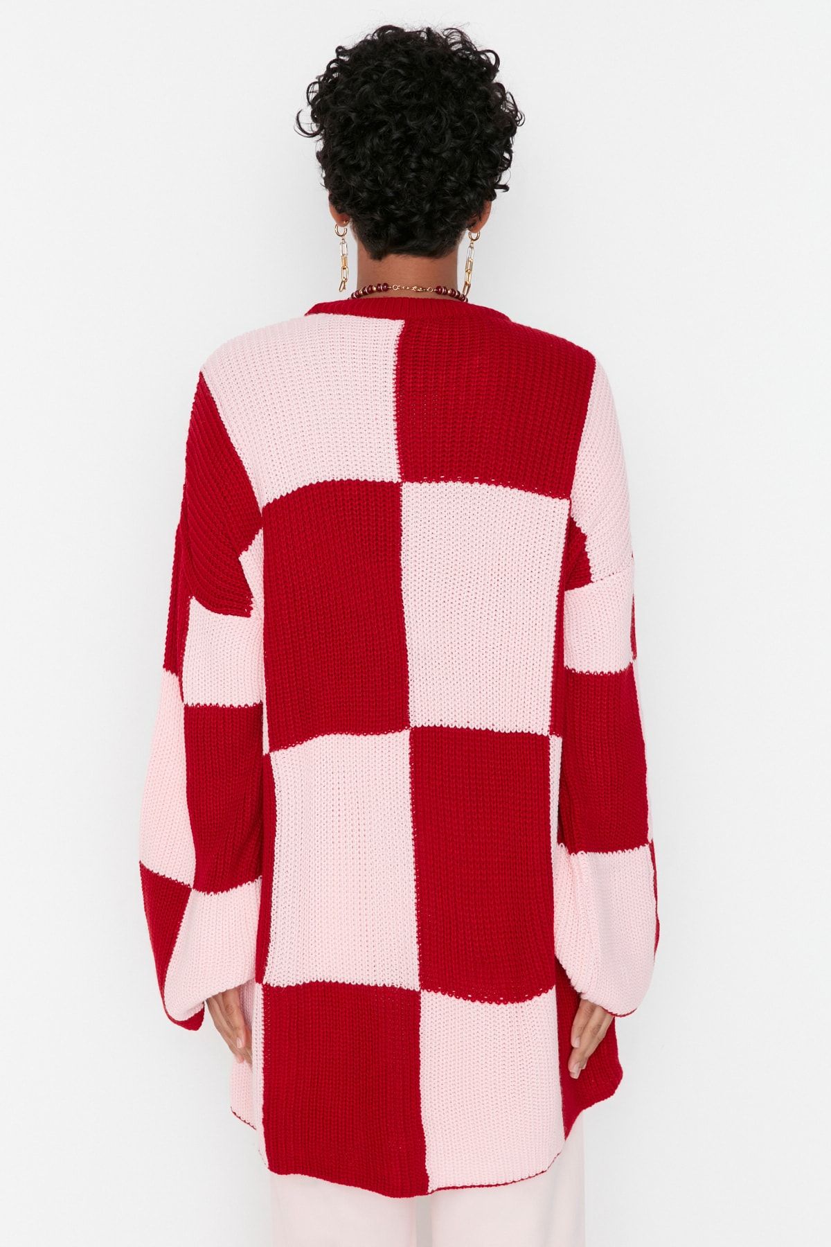 Trendyol Modest-Red Pink Checkerboard Patterned Crew Neck Knitwear Sweater TCTAW23KZ00004 5