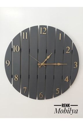 Dekoratif Ahşap Duvar Saati 50&50cm Antrasit Siyah Renk 3m Mdf Altın Yaldız Rakam ANTSYHALTOVL