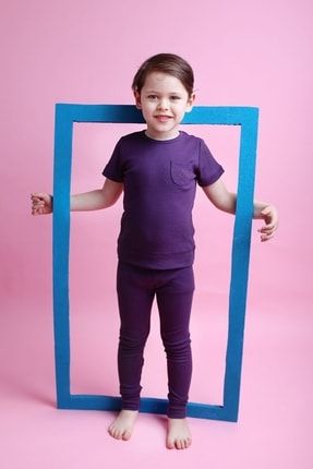 Organik Pamuklu Fitilli Mor Renk Çocuk Kısa Kollu Takım SBM000013-purpletshirtset