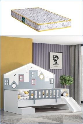 Montessori, City Montessori Yatak Korkuluklu Kaydıraklı Ledli + 1 Adet Comfort Yatak - Gri city-korkuluklu-kaydıraklı-yatak-gri