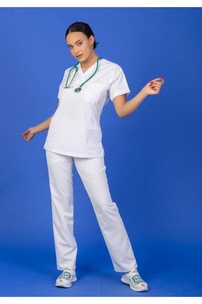Kadın Beyaz Üst V Yaka Alt Tam Lastikli Doktor Eczacı Hemşire Laboratuvar Alpaka Scrubs Takım BSR-12350