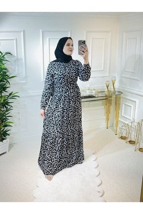 Aleyna Pamuk Viskon Elbise - Siyah Küçük Çiçek MK3337