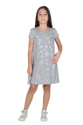 Silversun | Kız Genç Gri Melanj Renkli Yıldız Baskılı Kısa Kollu Elbise Örme Elbise | Ek 315919 20Y010000970-068