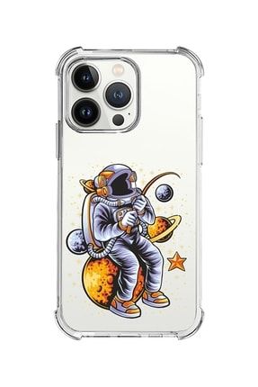 Iphone 11 Pro Max Uyumlu Kılıf Astronot Dünya Desenli Köşeli Airbag Nitro Şeffaf Silikon Kılıf Kapak BA-Köşeli-Baskı-ip11Promax
