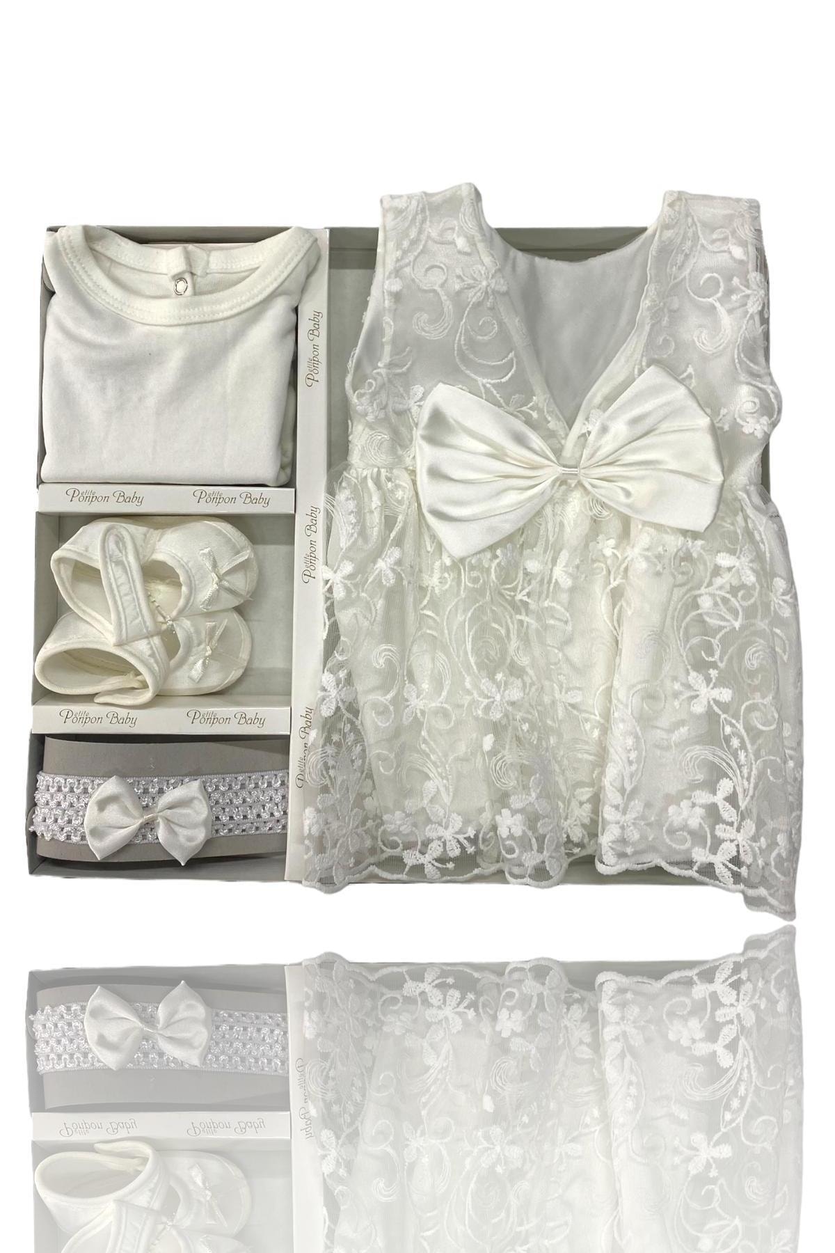 Çantaland Yeni Doğan Kız Bebek Beyaz Elbise Seti, Hastane Çıkışı Set, Hediyelik Elbise