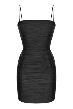 Siyah Drapeli Askılı Mini Elbise SNKSQD2131