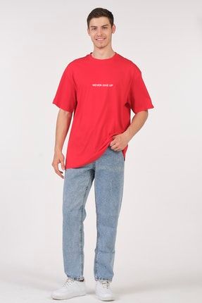 Unisex (erkek -kadın) Oversize ( Bol-salaş ) T-shirt Renk Kırmızı Never Give Up 27112018NVRGVE