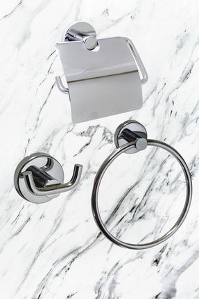 Ceyhan Krom Kapaklı Tuvalet Kağıtlık Ikili Askılık Yuvarlak Havluluk Üçlü Banyo Seti AHL1346