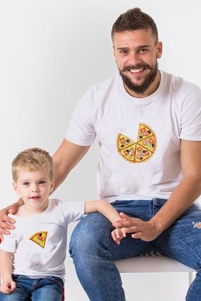 Pizza Ve Dilimi Baskılı Baba Oğul Kombin Tişört Beyaz BBA-OGL-017
