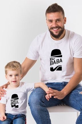 Bir Baba Bir Oğul Baskılı Baba Oğul Tişört Kombin Beyaz BBA-OGL-009