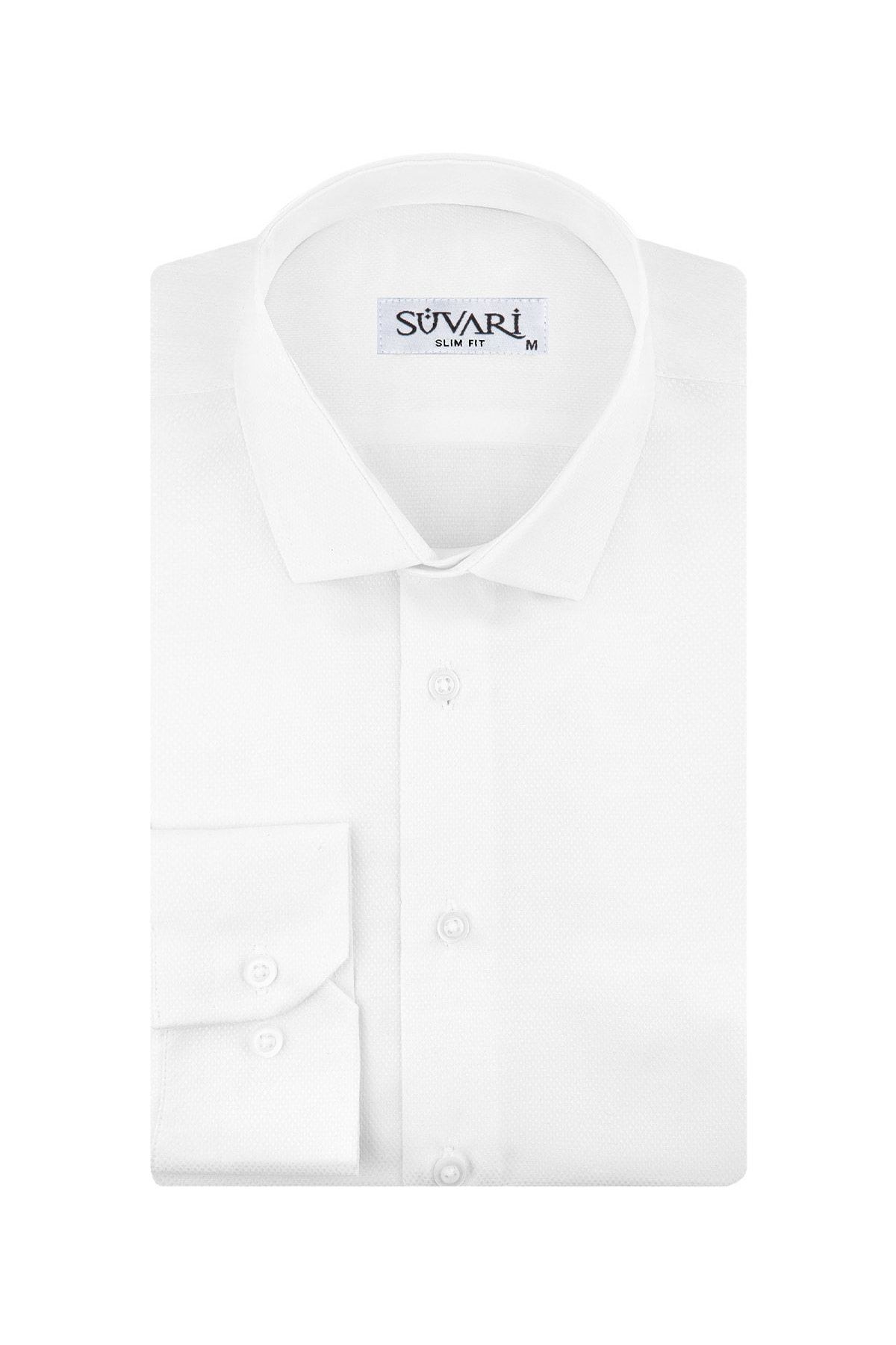 SÜVARİ-Cămașă albă pentru bărbați, slim fit, cu model Dobby 2