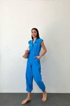 Kadın Kruvaze Yaka Kemer Detaylı Omuzları Vatkalı Özel Tasarım Mavi Kolsuz Tulum 500 4S1B-STY-500