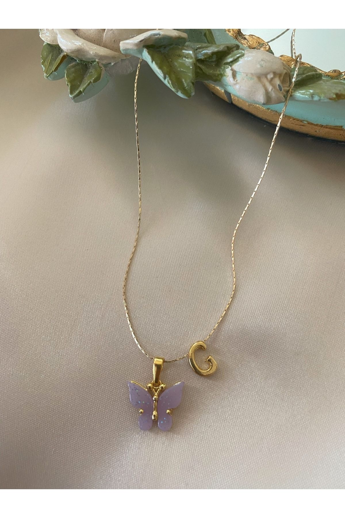 Asia by Leuvoi Lilac Butterfly Necklace with Letter G Trendyol