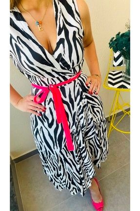 Zebra Desenli V Yaka Sıfırkol Elbise 308