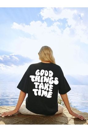 Oversize Good Thinks Take Time Baskılı Siyah Tshirt mdl-newseason-s14