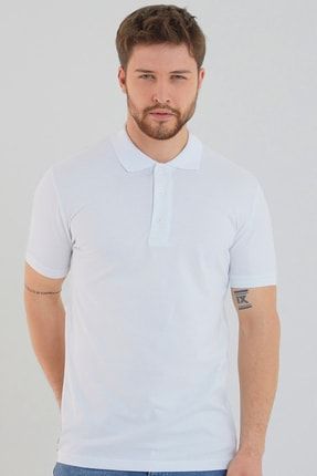 Beyaz Erkek Polo Yaka Düz Renk Slim Fit T-shirt P7025