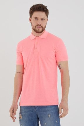 Pembe Erkek Polo Yaka Düz Renk Slim Fit T-shirt P7025
