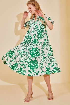 Kadın Koyu Yeşil Karpuz Kol Desenli Elbise 2YZK6-12603-44