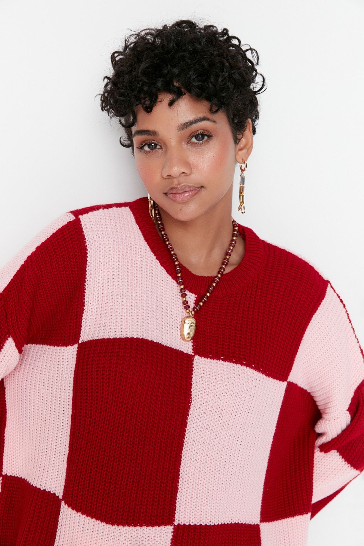Trendyol Modest-Red Pink Checkerboard Patterned Crew Neck Knitwear Sweater TCTAW23KZ00004 2