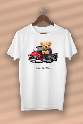 Teddy Bear Street King Baskılı Organik Pamuk Beyaz Unisex - Kadın - Erkek - T-shirt HB-161