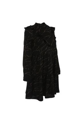 Siyah Üzeri Kahverengi Desenli,göğüs Kısmı Fırfırlı Uzun Kollu Günlük Elbise Kdnlbs1003