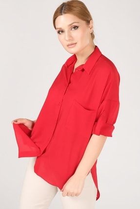 Kadın Tek Cep Oversize Gömlek Kırmızı BRR.BG-9000