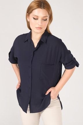 Kadın Tek Cep Oversize Gömlek Lacivert BRR.BG-9000