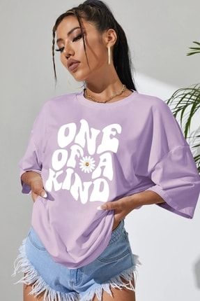 Kadın Oversize Lila One Of A Kind Baskılı T-shirt LİLAONEKİND