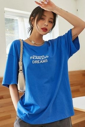 Kadın Oversize Mavi Brave Fearless Dreams Yazı Baskılı T-shirt BRAVEDREAMS