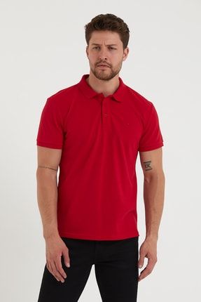 Erkek Regular Fit Polo Yaka Nakışlı T-shirt Kırmızı 319PLST