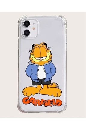 Apple Iphone 11 Kılıf Ceketli Garfield Desenli Köşeli Airbag Nitro Şeffaf Silikon Kılıf Kapak BA-Köşeli-Baskı-ip11