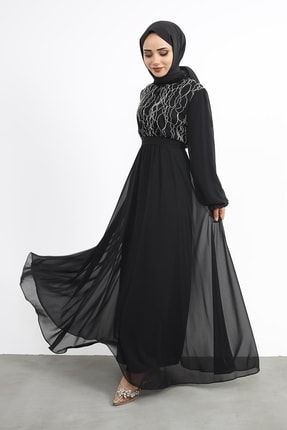 Önü Işlemeli Şifon Elbise Siyah 04247