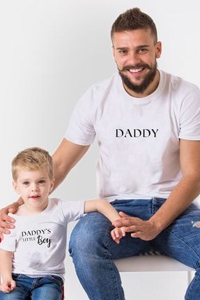 Daddy Daddys Little Boy Baskılı Baba Oğul Beyaz Tişört Kombin BBA-OGL-012