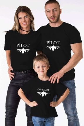 Pilot Co Pilot Baskılı Anne Baba Çocuk Aile Kombin Siyah Pamuklu Tişört AILE-TSRTLR2-15